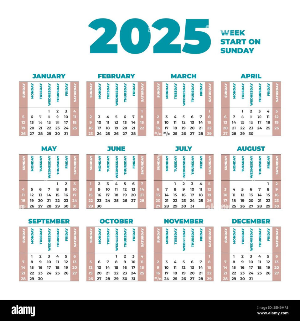 2025 Calendar Template With Weeks Start On Sunday Stock Vector Regarding Week Calendar 2025 Printable