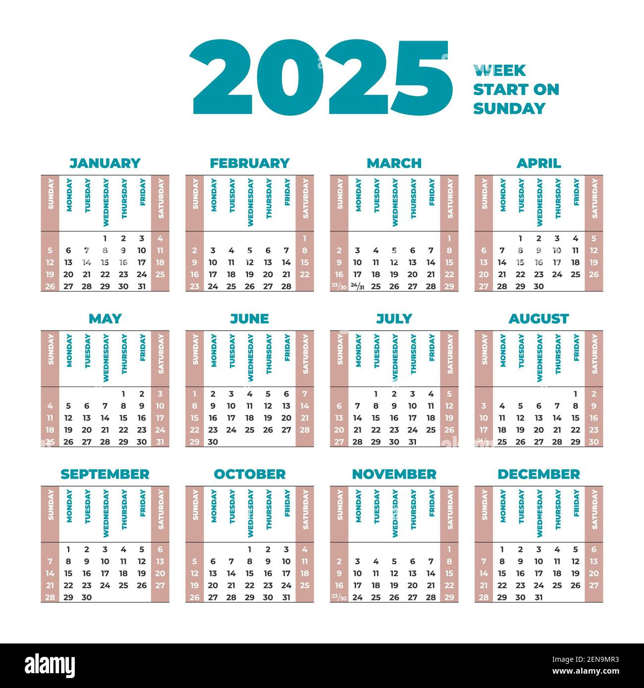 2025 Calendar Template With Weeks Start On Sunday Stock Vector regarding Week Calendar 2025 Printable