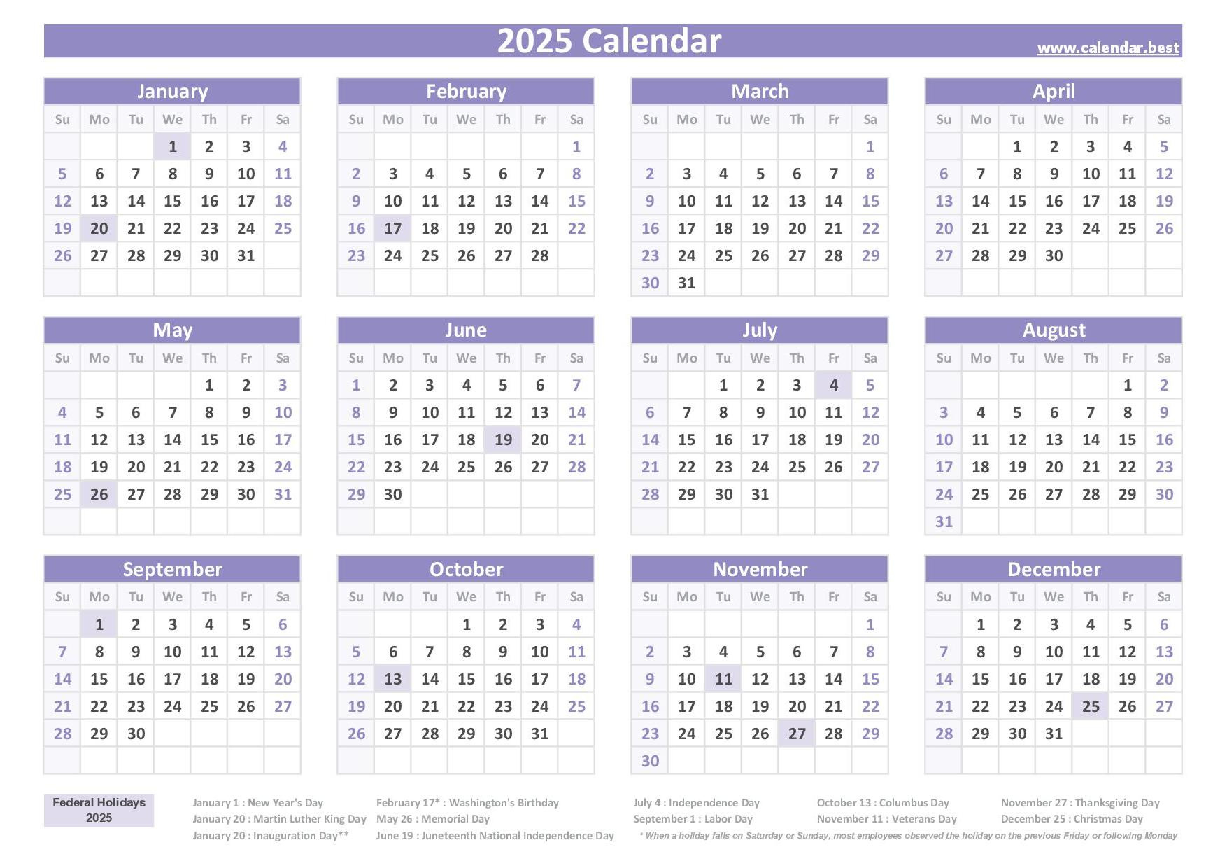 2025 Calendar With Holidays (Us Federal Holidays) throughout 2025 Printable Calendar With Holidays