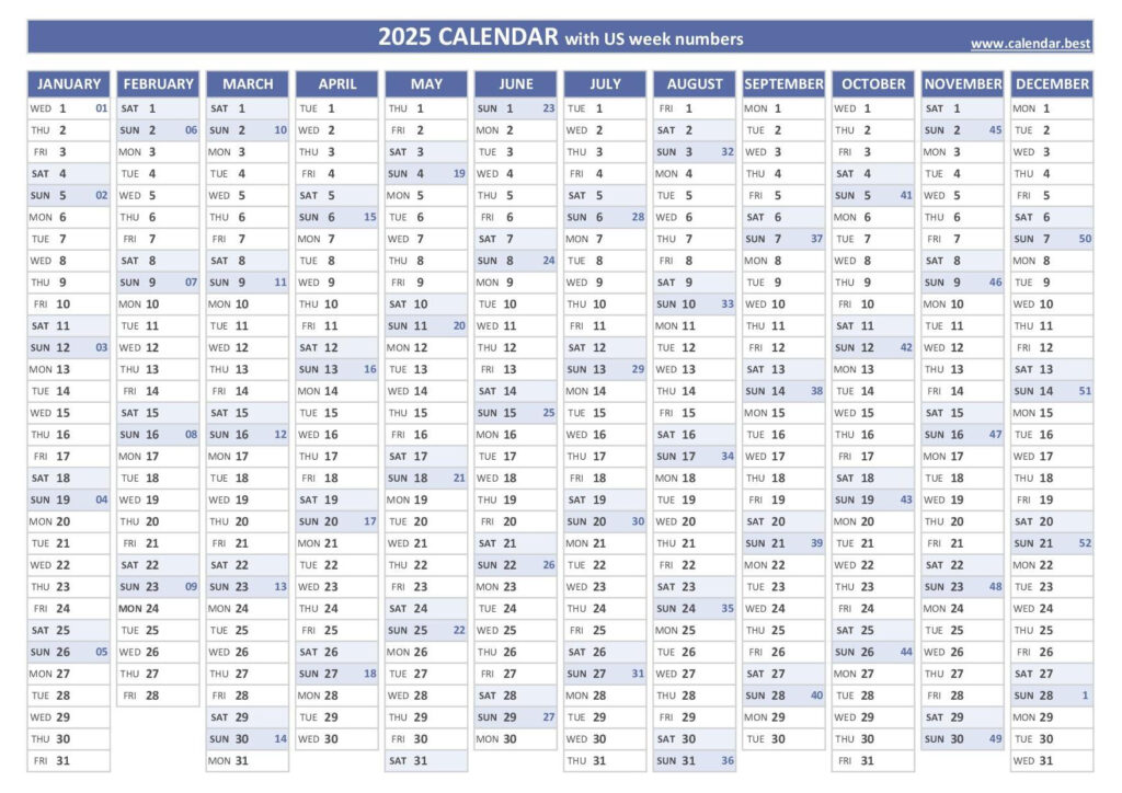 2025 Calendar With Week Numbers (Us And Iso Week Numbers) Intended For Week Calendar 2025 Printable