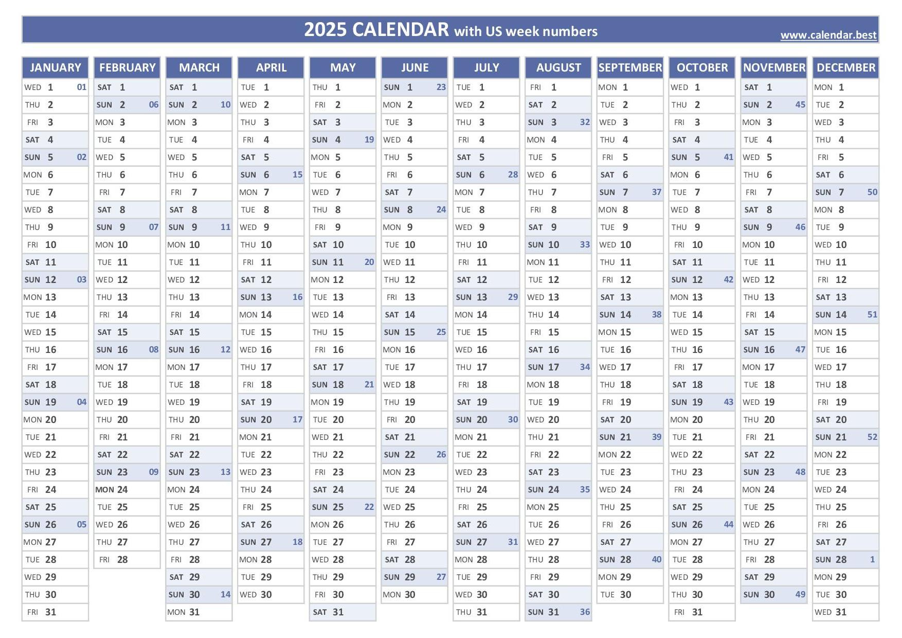 2025 Calendar With Week Numbers (Us And Iso Week Numbers) intended for Week Calendar 2025 Printable