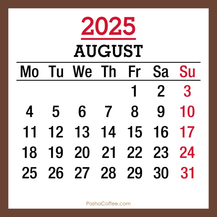 August Monthly Calendar 2025 Printable