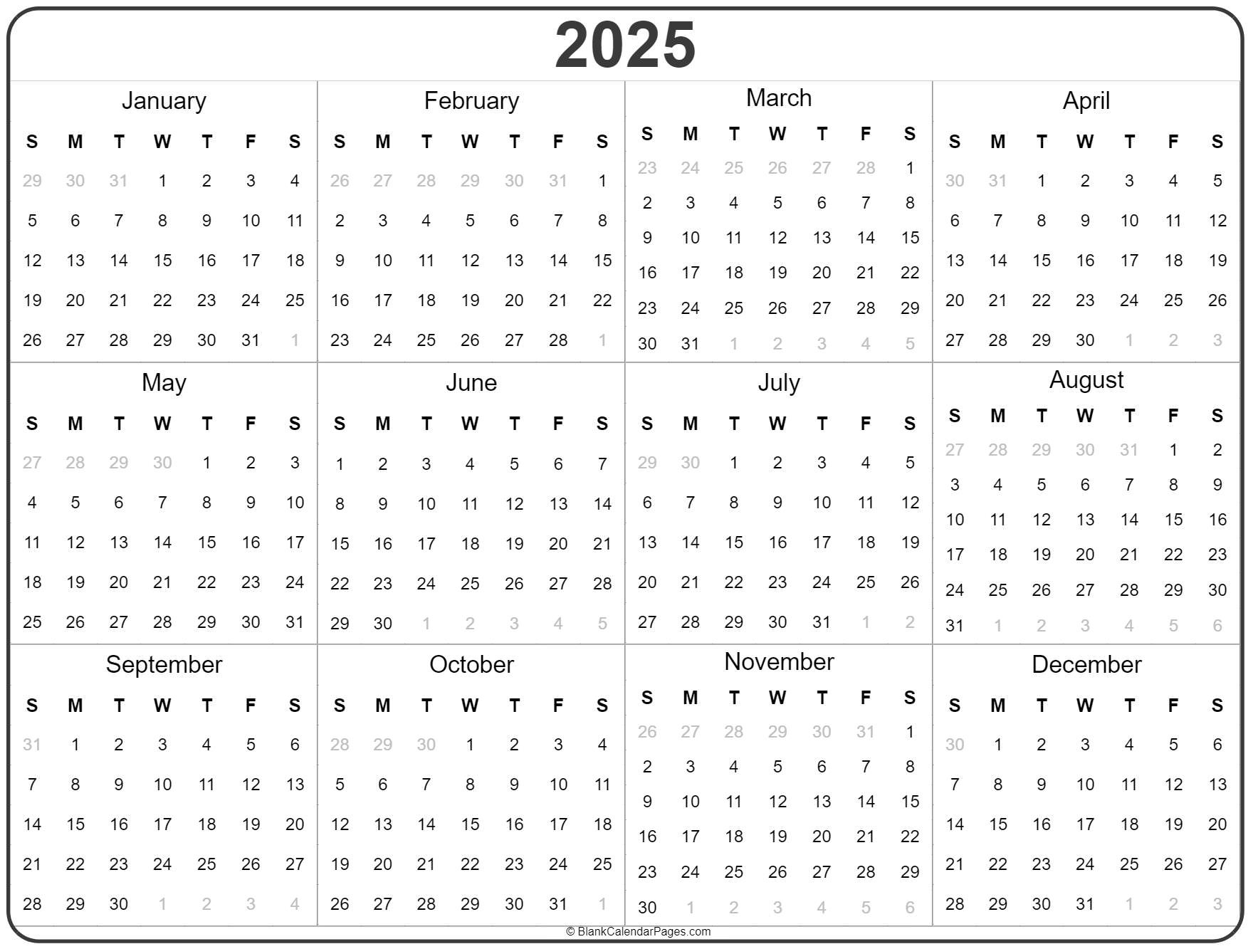 2025 Year Calendar | Yearly Printable intended for Blank Printable Calendar 2025