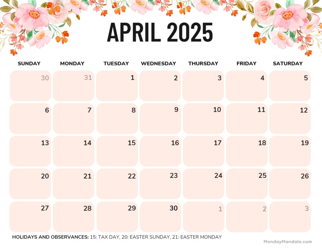 April 2025 Calendar (52 Free Pdf Printables) Inside April 2025 Calendar Printable