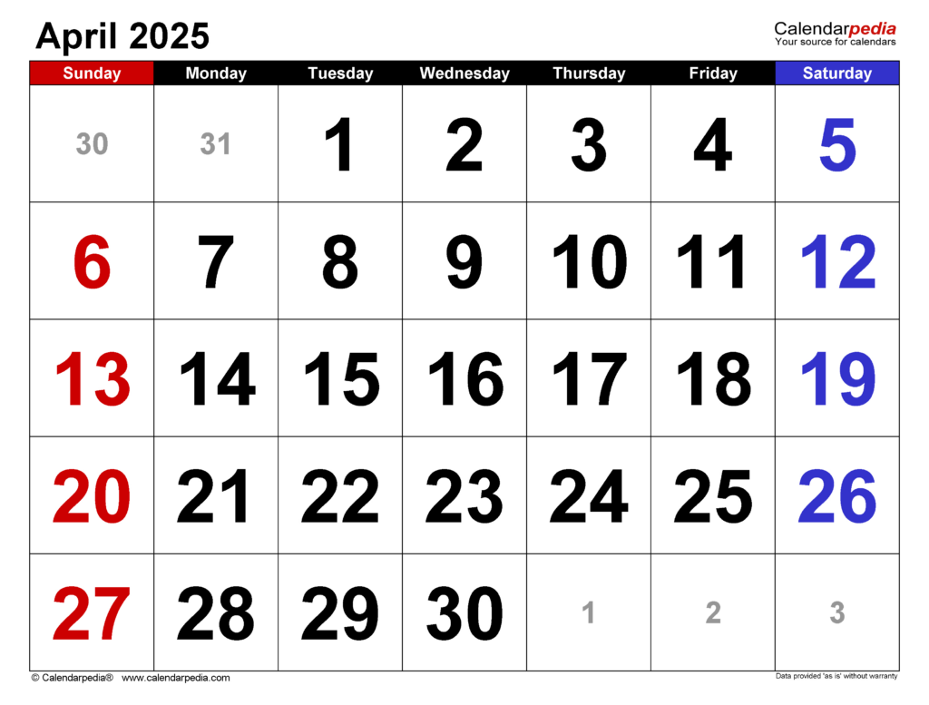 April 2025 Calendar | Templates For Word, Excel And Pdf Regarding Printable April 2025 Calendar