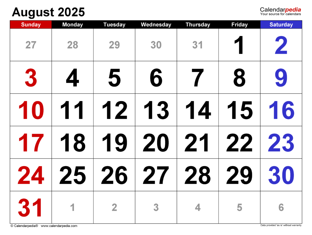 August 2025 Calendar | Templates For Word, Excel And Pdf In Printable August 2025 Calendar