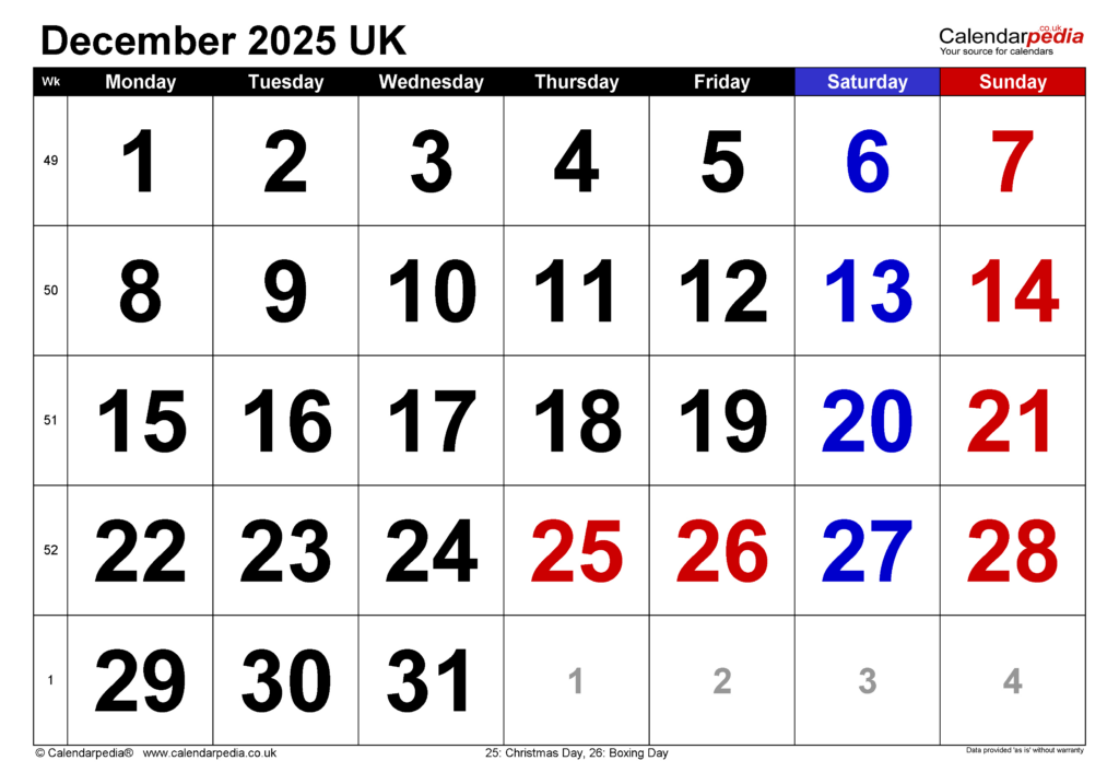 Calendar December 2025 Uk With Excel, Word And Pdf Templates In December 2025 Calendar Printable