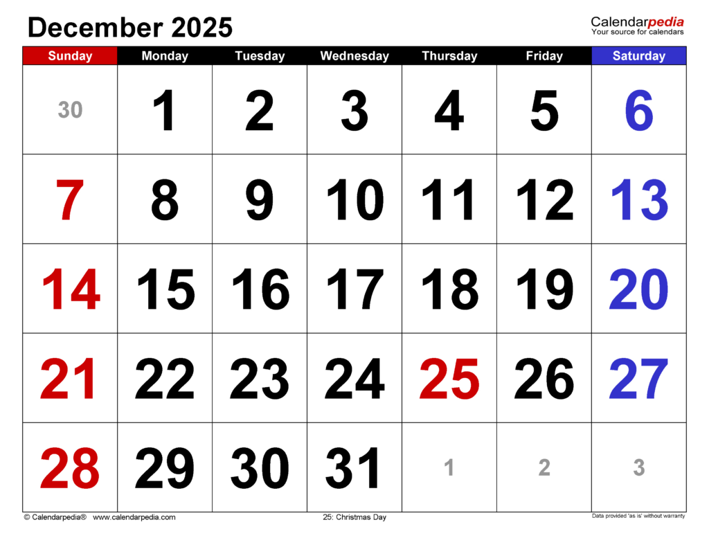 December 2025 Calendar | Templates For Word, Excel And Pdf In December Printable Calendar 2025