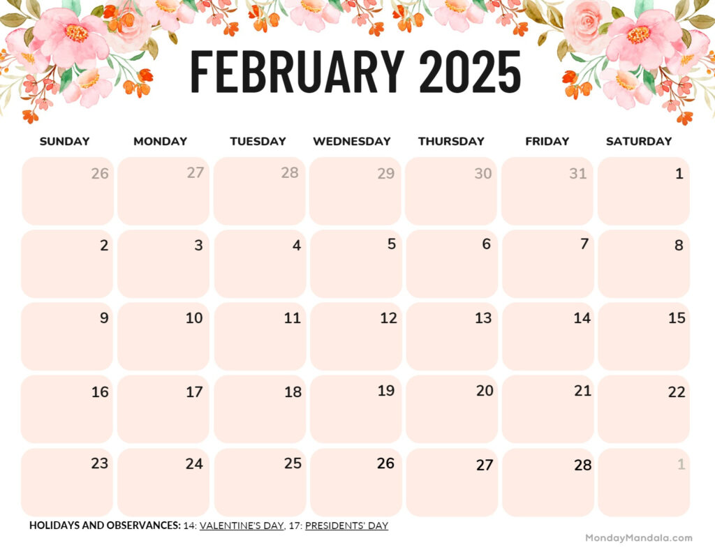 February 2025 Calendar (52 Free Pdf Printables) For Printable February 2025 Calendar