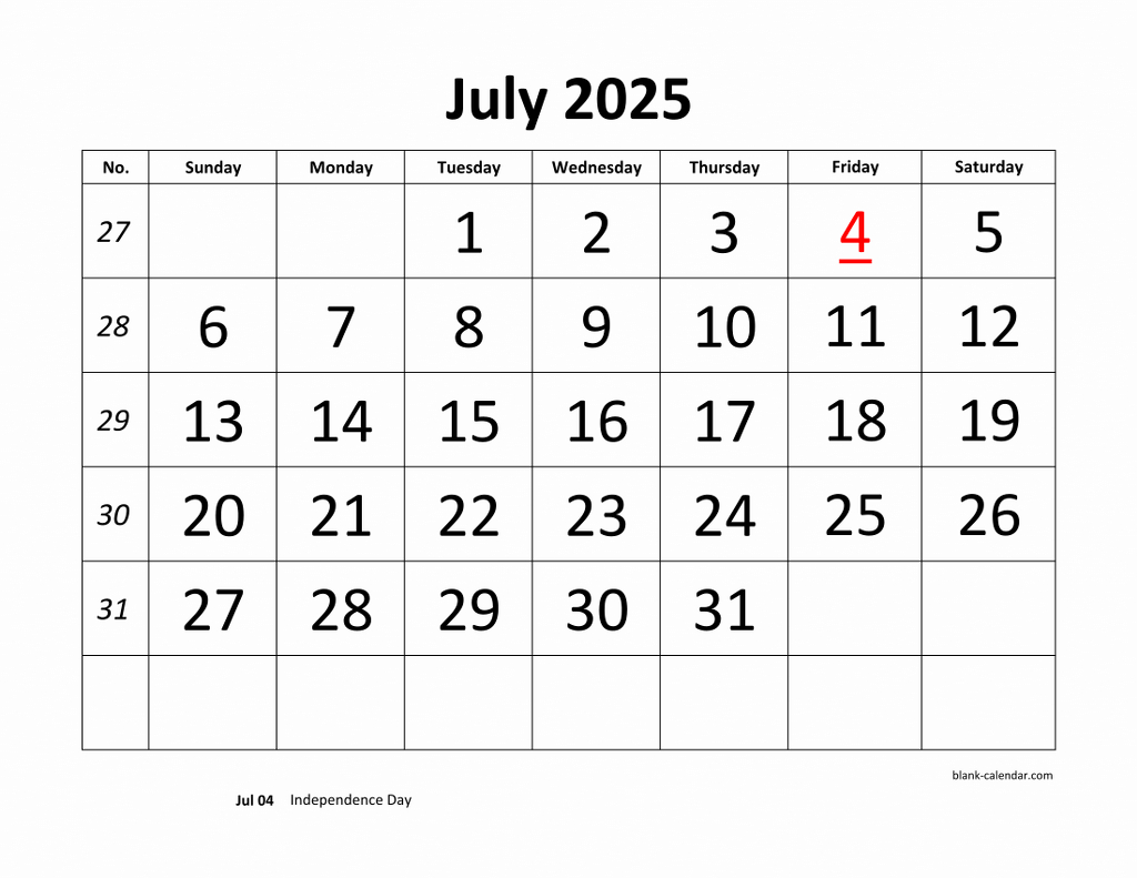 Free Download Printable July 2025 Calendar, Large Font Design in July 2025 Calendar Printable