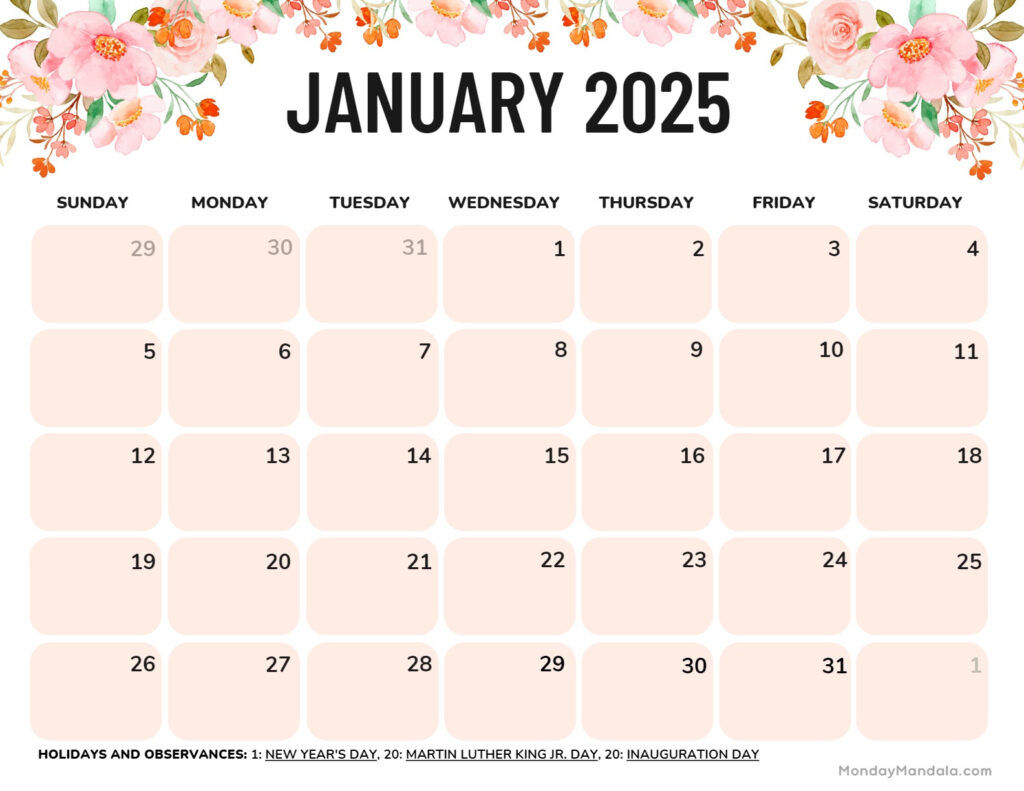 January 2025 Calendar (52 Free Pdf Printables) For Printable Monthly Calendar 2025