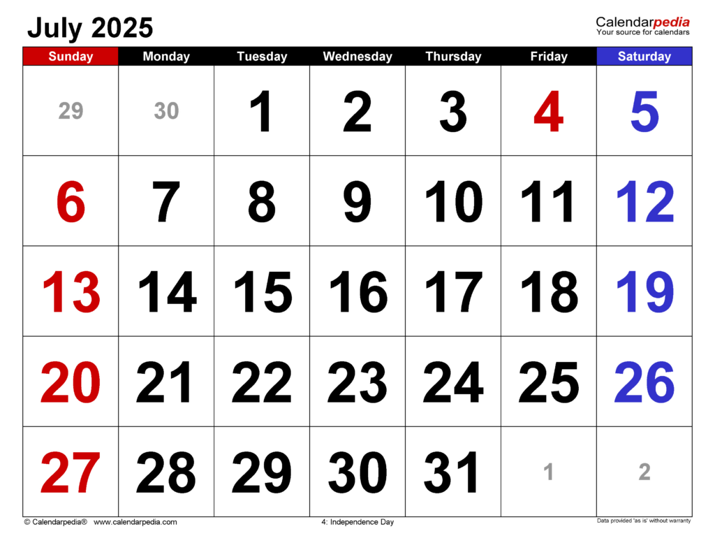 July 2025 Calendar | Templates For Word, Excel And Pdf Regarding July Monthly Calendar 2025 Printable