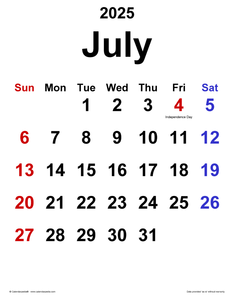 July 2025 Calendar | Templates For Word, Excel And Pdf Within 3 Month Vertical Calendar Printable July 2025