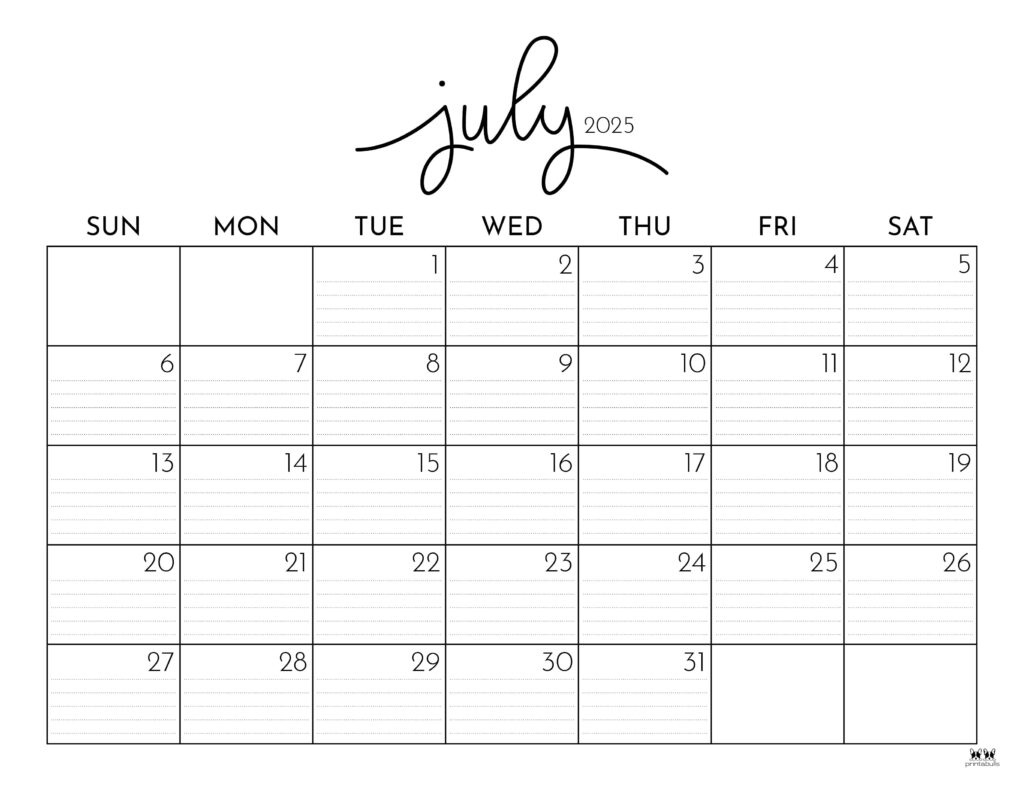 July 2025 Calendars - 107 Free Printables | Printabulls in July 2025 Printable Calendar