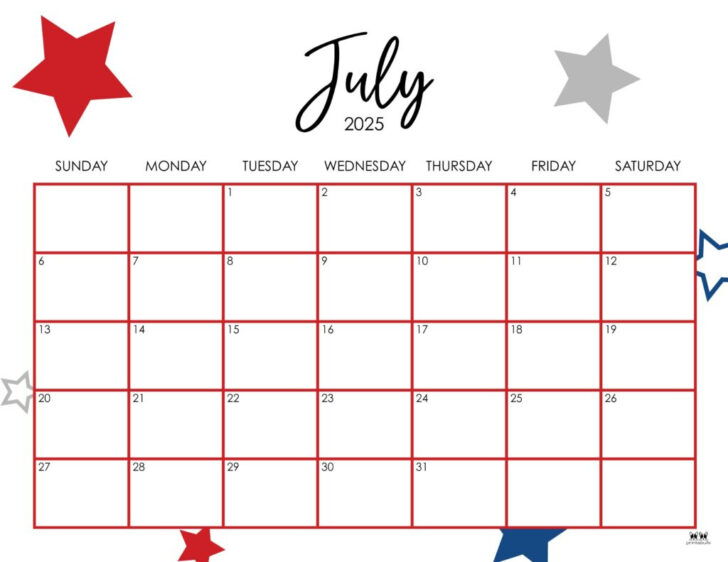 July Monthly Calendar 2025 Printable