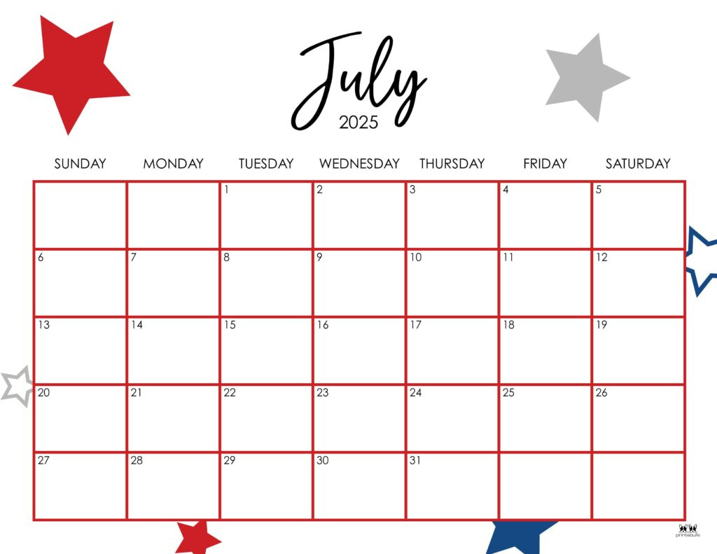 July 2025 Calendars - 107 Free Printables | Printabulls inside July Monthly Calendar 2025 Printable