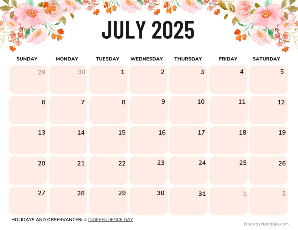 July 2025 Printable Calendar (52 Free Pdf Printables) Inside Printable July 2025 Calendar