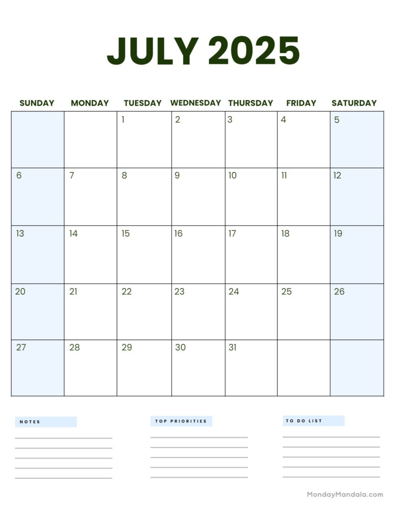 July 2025 Printable Calendar (52 Free Pdf Printables) Pertaining To 3 Month Vertical Calendar Printable July 2025