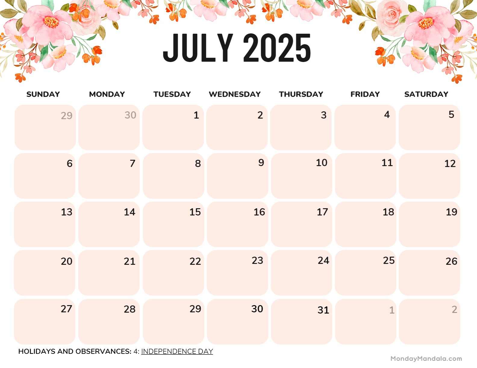 July 2025 Printable Calendar (52 Free Pdf Printables) with regard to July 2025 Printable Calendar