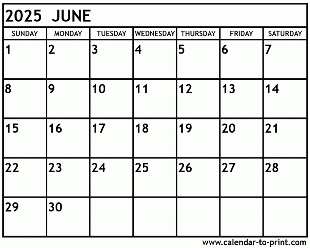 June 2025 Calendar Printable For June Calendar 2025 Printable