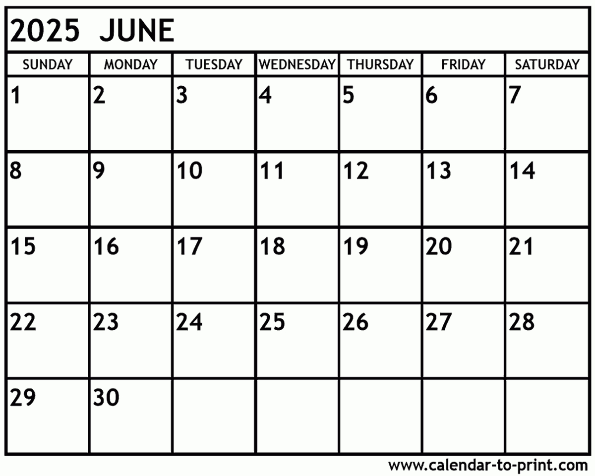 June 2025 Calendar Printable for June Calendar 2025 Printable