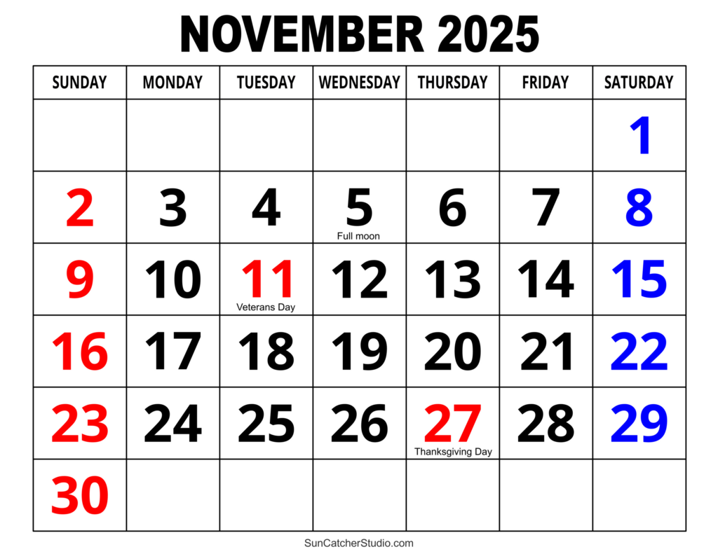 November 2025 Calendar (Free Printable) – Diy Projects, Patterns Inside November 2025 Calendar Printable