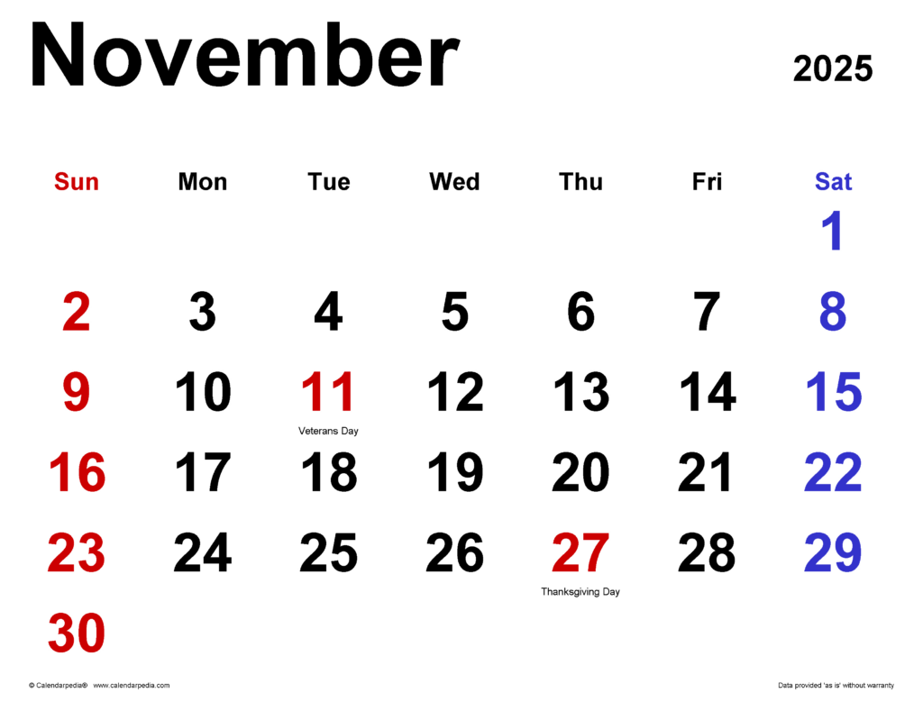 November 2025 Calendar | Templates For Word, Excel And Pdf Pertaining To Printable November 2025 Calendar