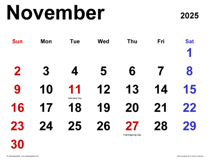 Printable November 2025 Calendar