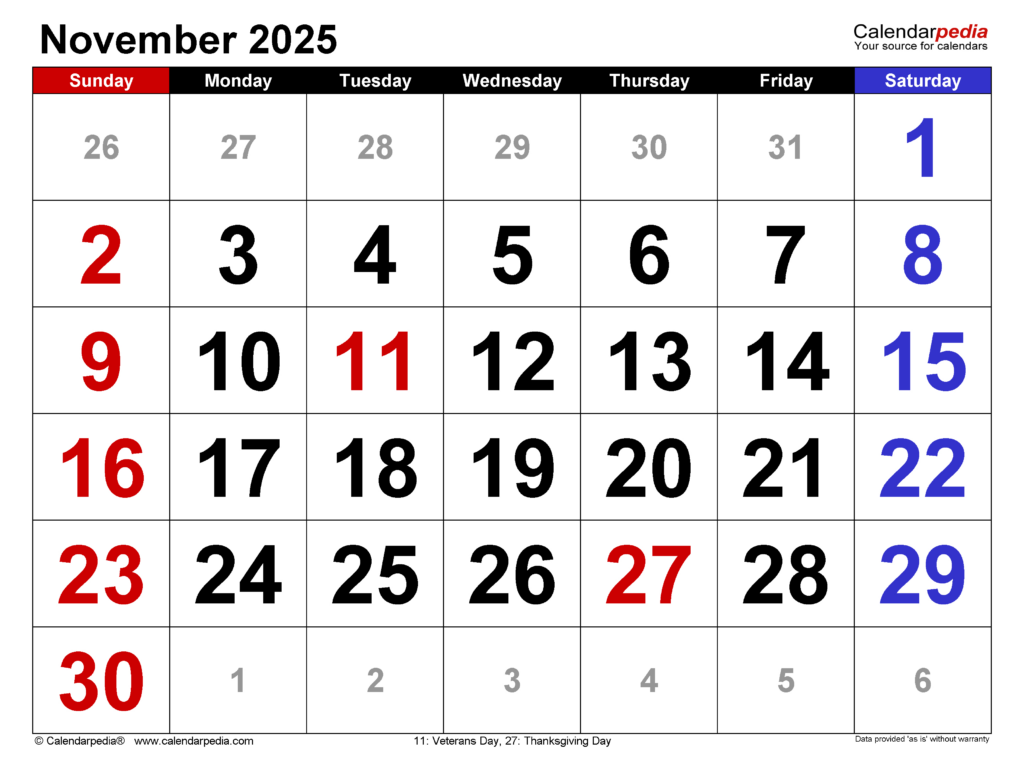 November 2025 Calendar | Templates For Word, Excel And Pdf Regarding November Printable Calendar 2025