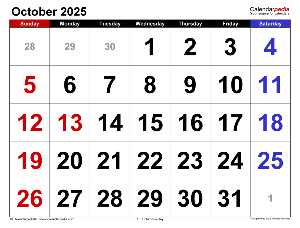 October 2025 Calendar | Templates For Word, Excel And Pdf Intended For Free Printable October 2025 Calendar