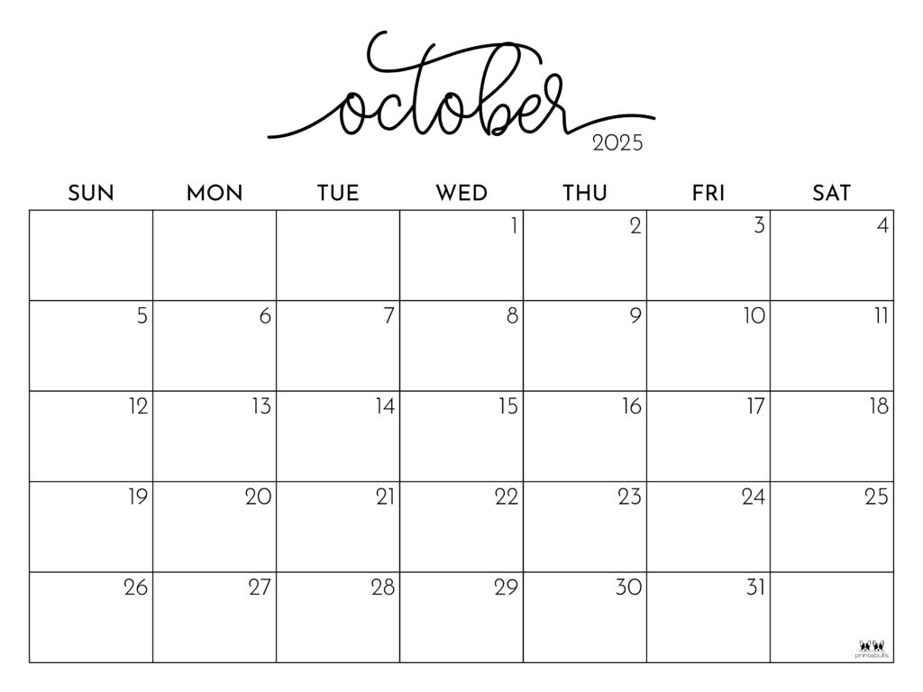 October 2025 Calendars - 107 Free Printables | Printabulls in October 2025 Calendar Printable