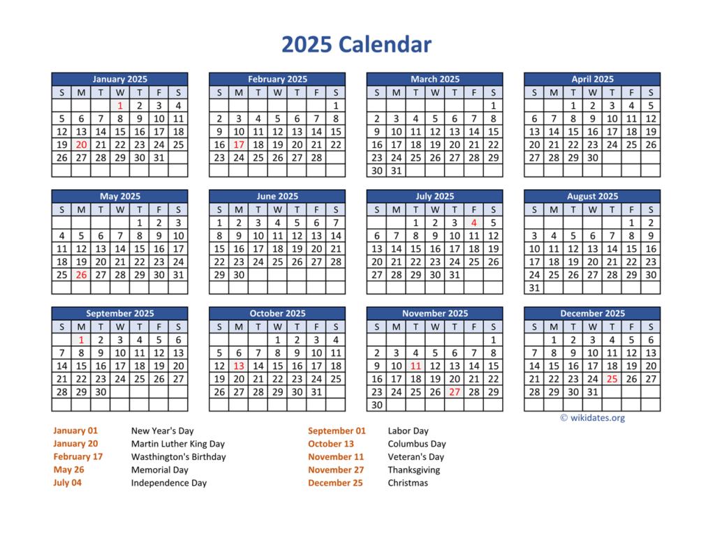 Pdf Calendar 2025 With Federal Holidays | Wikidates Intended For 2025 Calendar With Holidays Printable