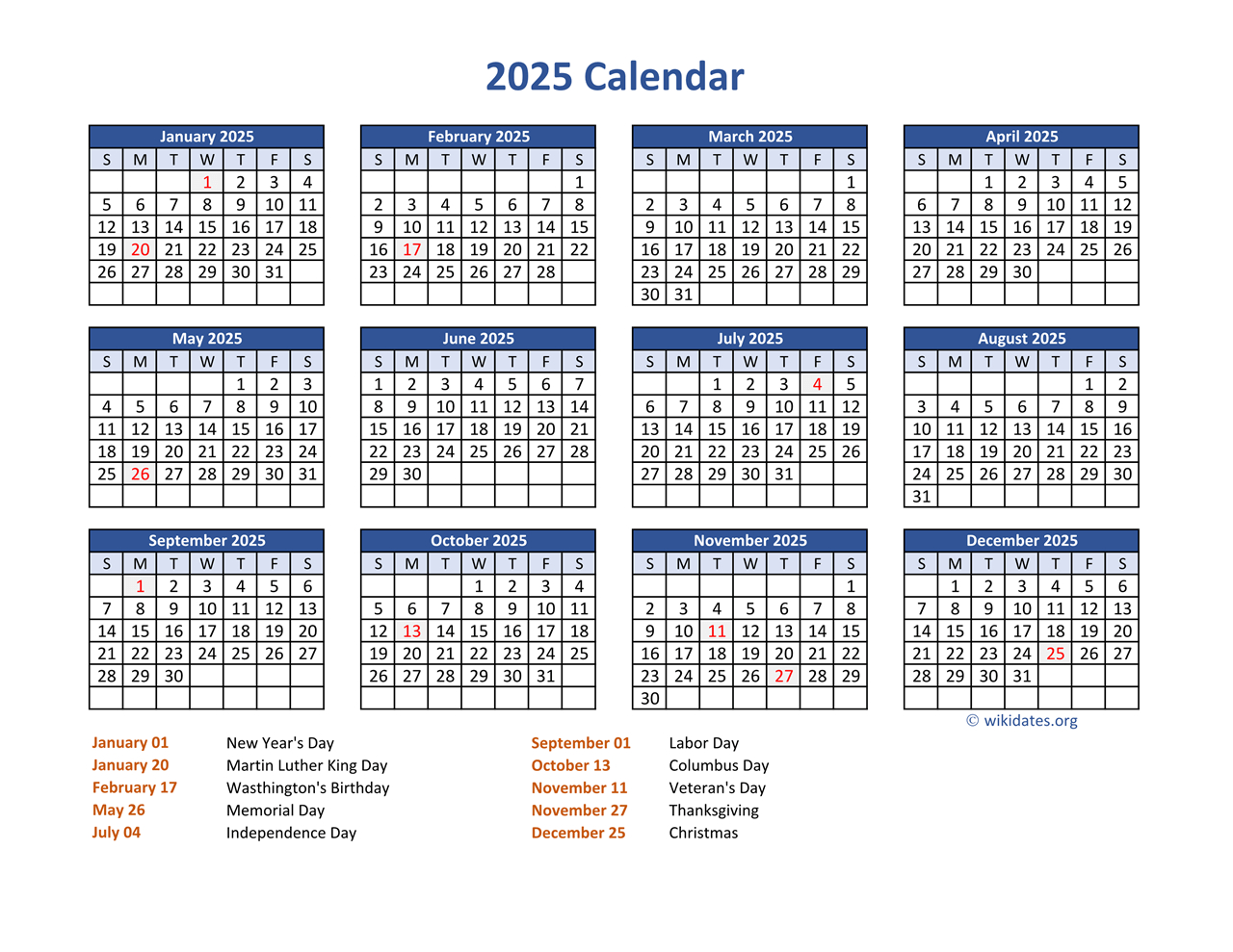 Pdf Calendar 2025 With Federal Holidays | Wikidates intended for 2025 Calendar With Holidays Printable