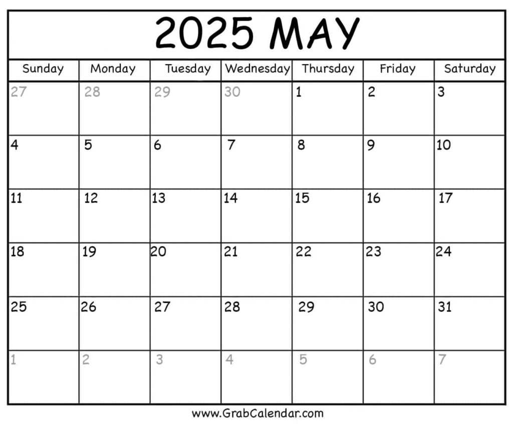 Printable May 2025 Calendar With Regard To May Calendar 2025 Printable