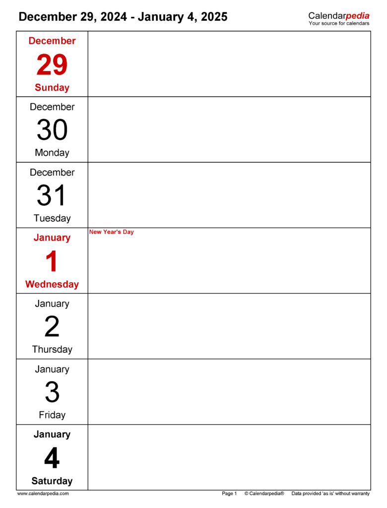 Weekly Calendars 2025 For Pdf   12 Free Printable Templates Throughout Free Printable Weekly Calendar 2025