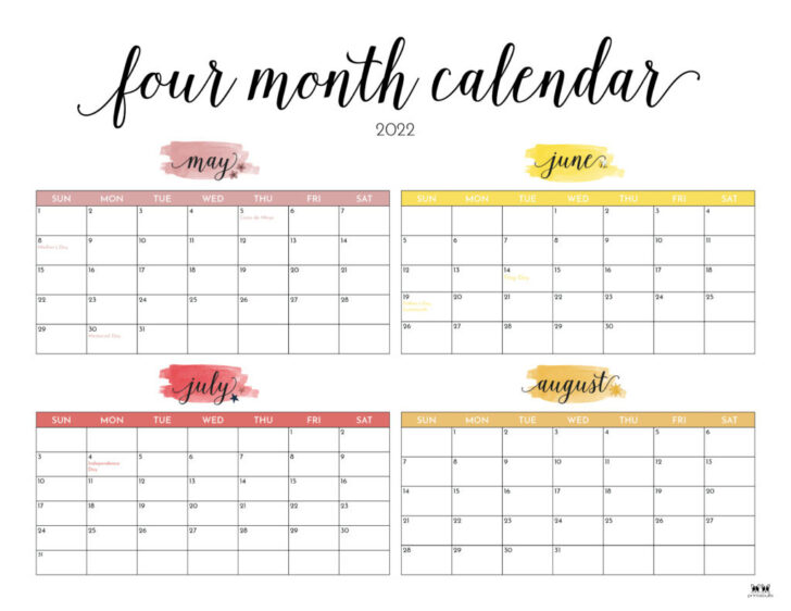 Printable Calendar 4 Months Per Page 2025