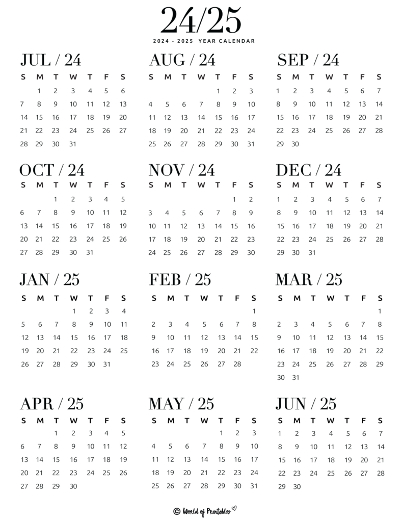 2024 2025 Calendar Free Printables   World Of Printables Inside Printable 2024 2025 Calendar Printable