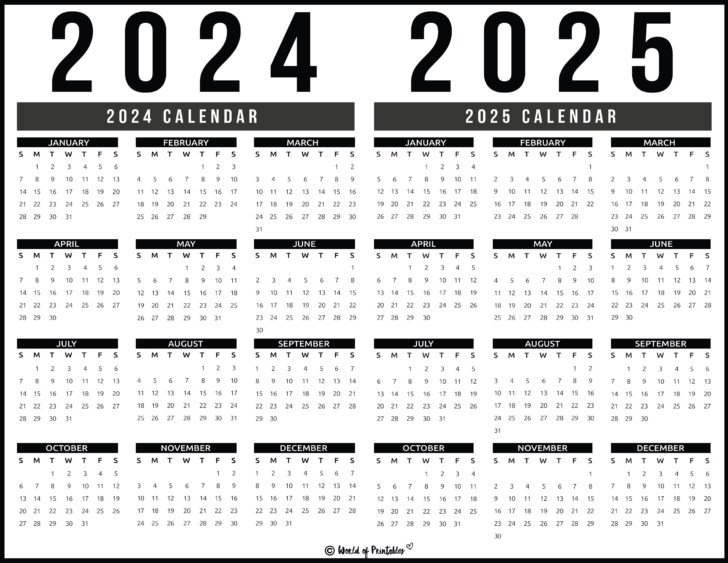 Printable 12 Month Calendar 2024 and 2025