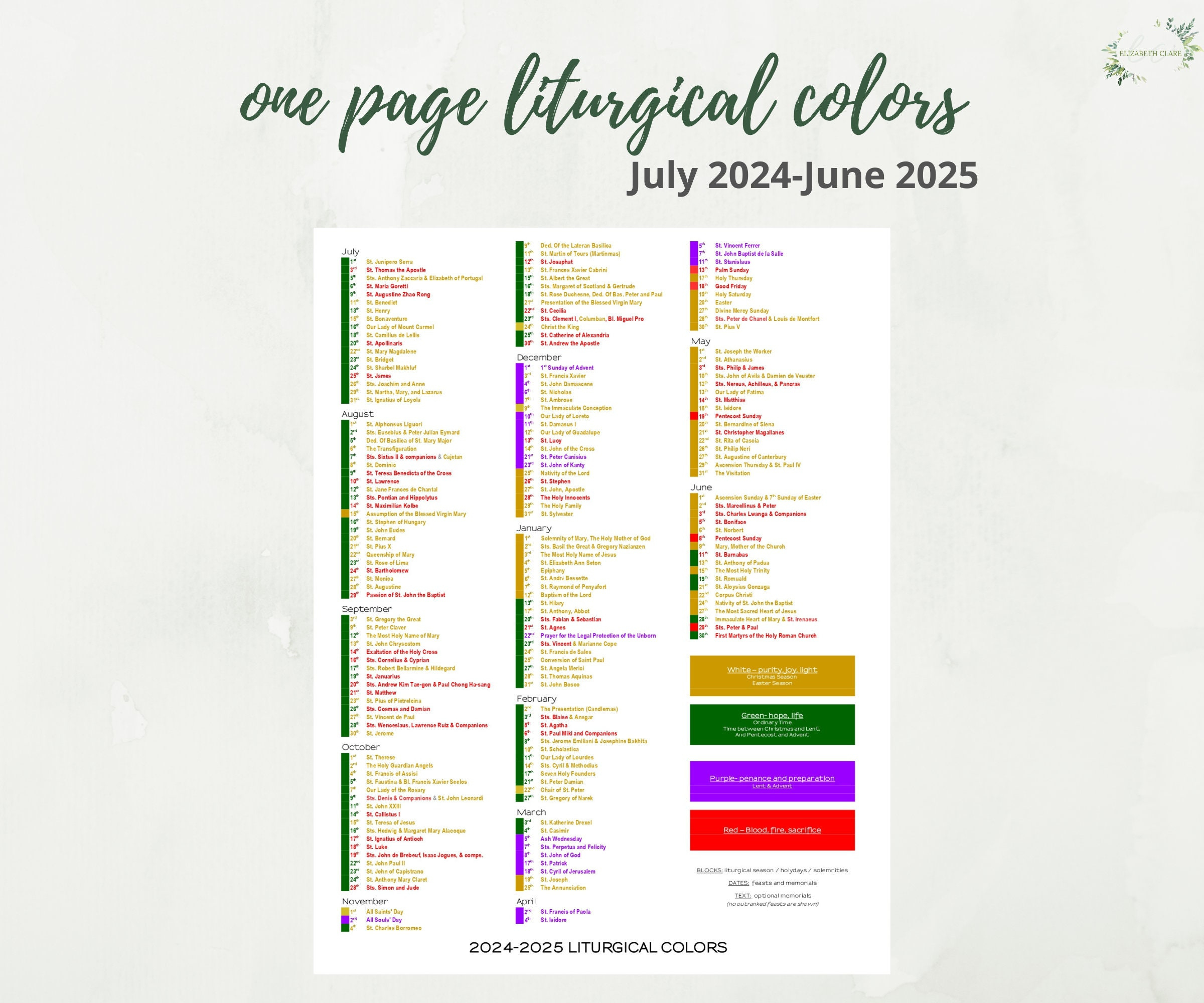 2024-2025 Catholic Liturgical Calendar Year At A Glance for Catholic Liturgical Calendar 2025 Printable