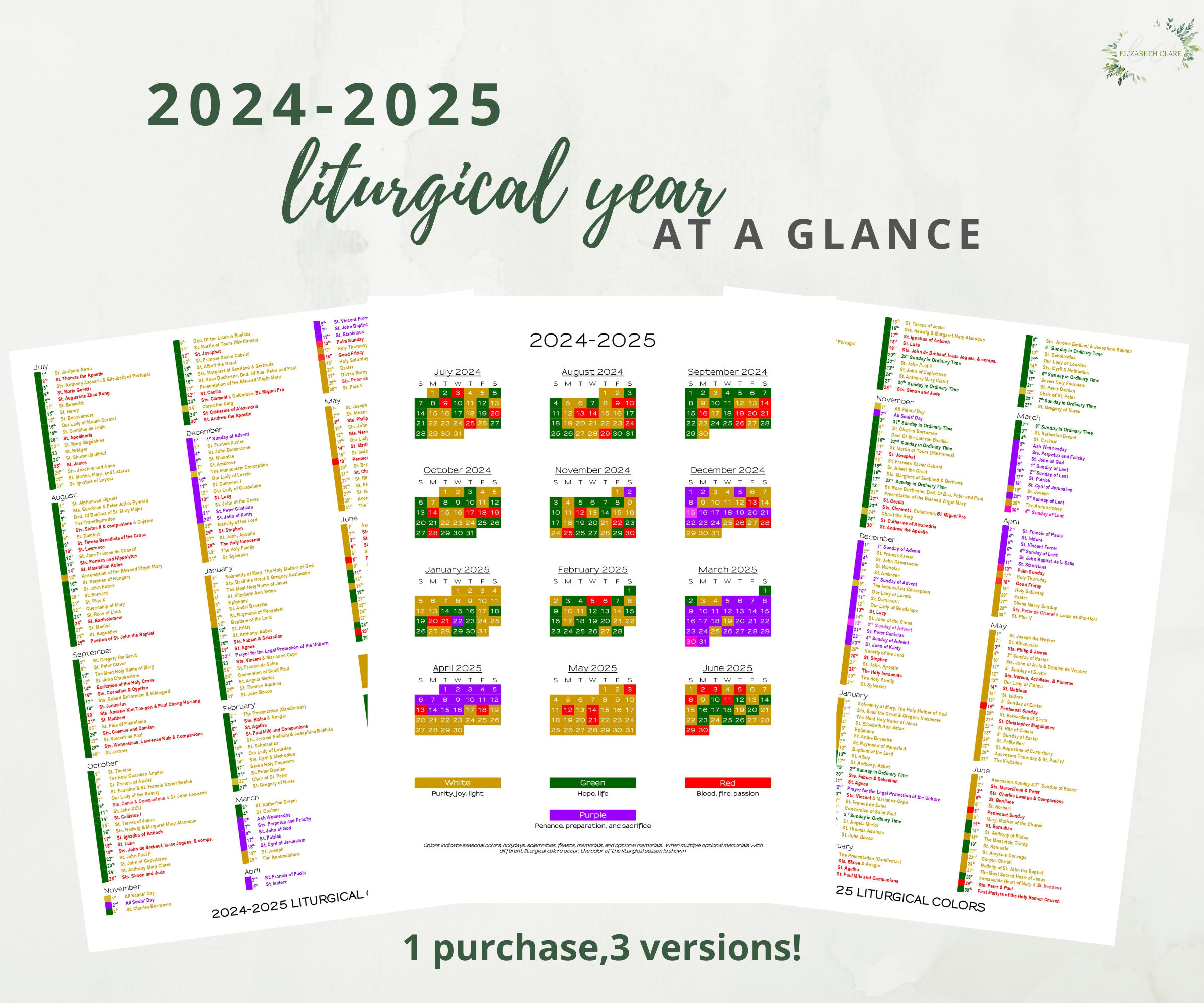 2024-2025 Catholic Liturgical Calendar Year At A Glance pertaining to Liturgical Color Calendar 2025 Printable