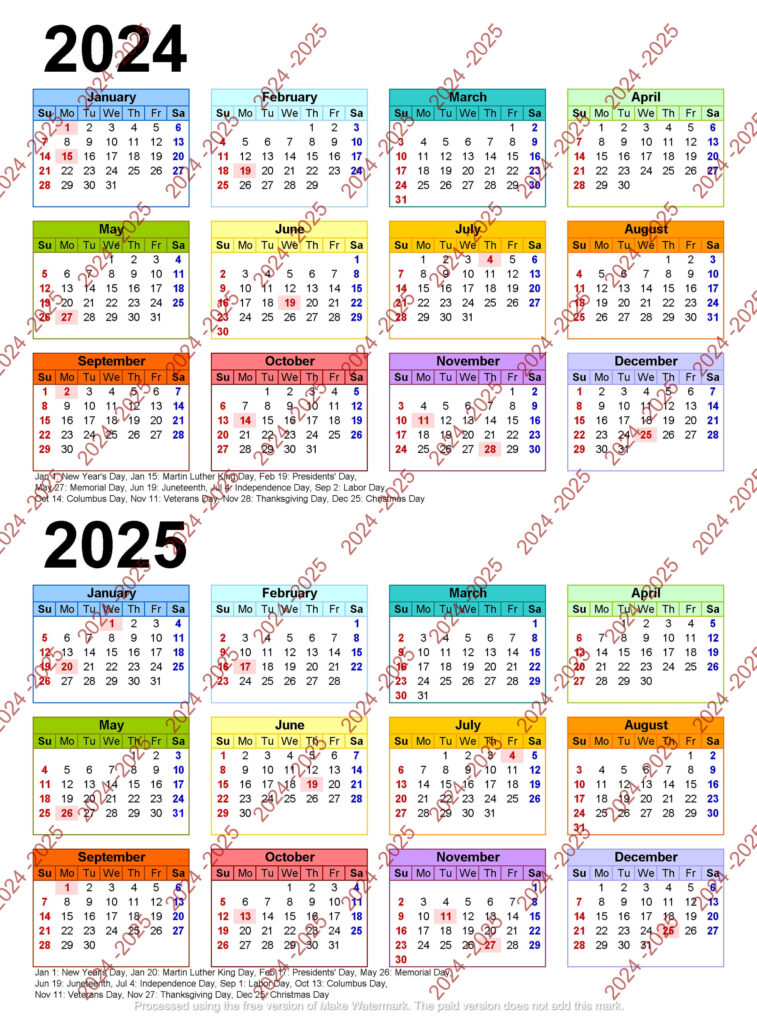 2024 2025 Colorful Calendar Printable, Yearly Calendar, 12 Months Inside 2024 And 2025 Printable Calendar