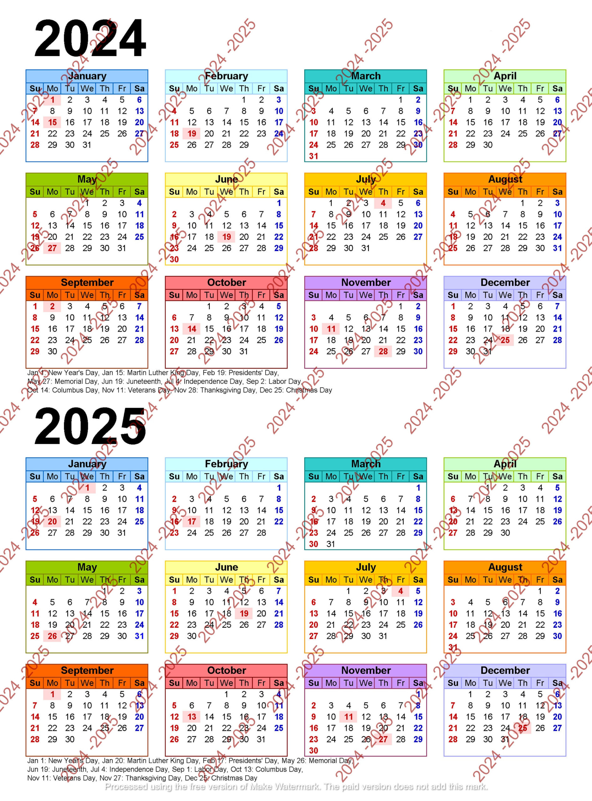 2024-2025 Colorful Calendar Printable, Yearly Calendar, 12-Months inside 2024 and 2025 Printable Calendar