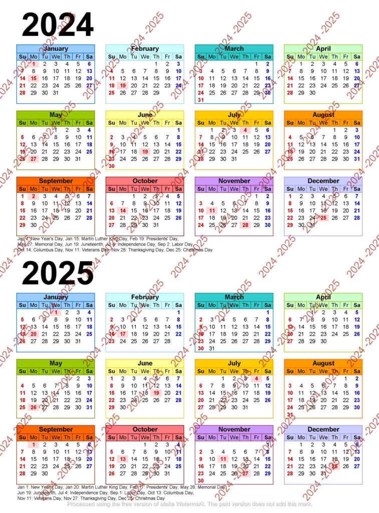 2024 2025 Colorful Calendar Printable, Yearly Calendar, 12 Months With Regard To Printable Calendar 2024   2025