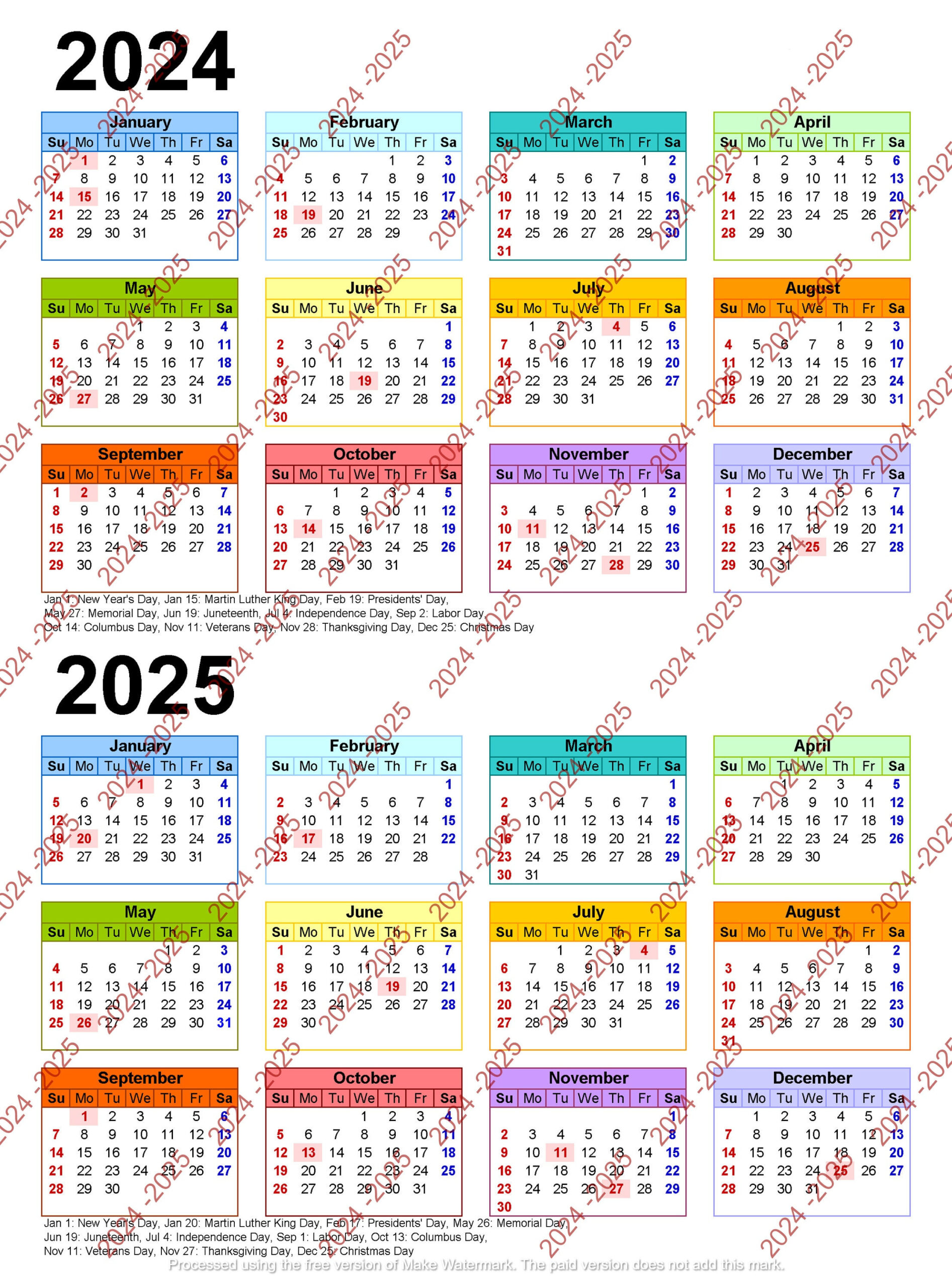 2024-2025 Colorful Calendar Printable, Yearly Calendar, 12-Months with regard to Printable Calendar 2024 - 2025