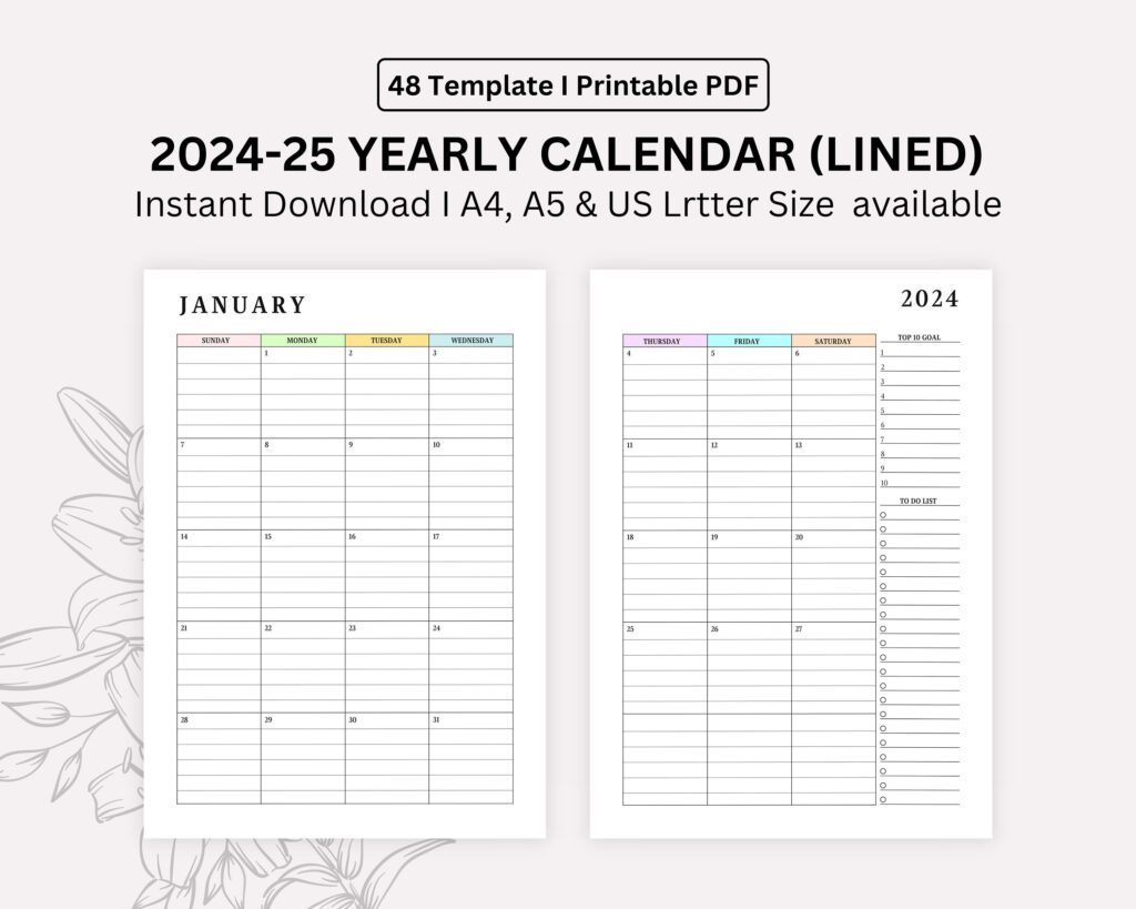 2024, 2025 Monthly Lined Calendar Printable, Dated Month On 2 For 2024 And 2025 Calendar Planner Printable