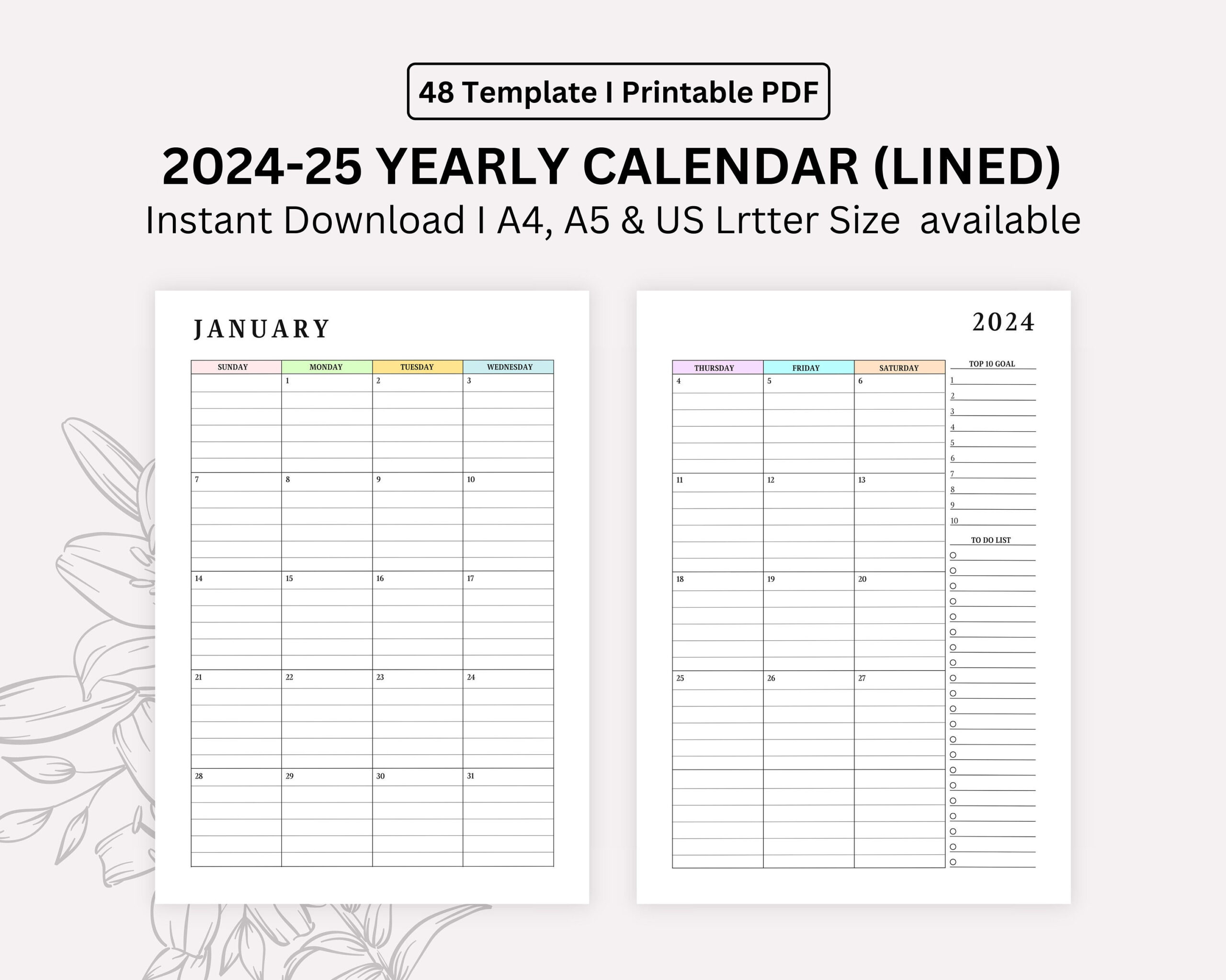 2024, 2025 Monthly Lined Calendar Printable, Dated Month On 2 for 2024 and 2025 Calendar Planner Printable