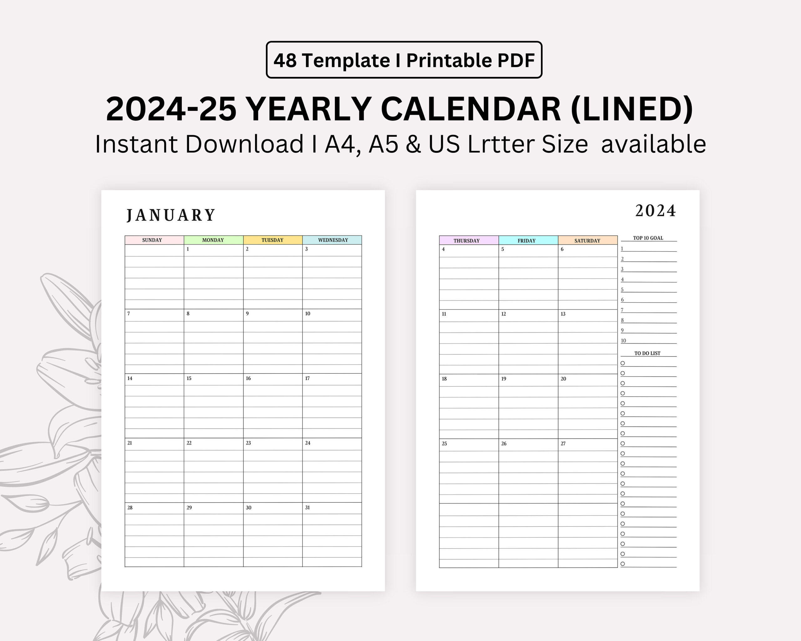 2024, 2025 Monthly Lined Calendar Printable, Dated Month On 2 for Printable Calendar 2025 with Lines