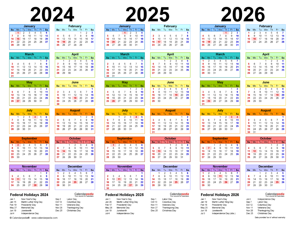 2024 2026 Three Year Calendar   Free Printable Pdf Templates Throughout 3 Year Calendar 2025 To 2026 Printable