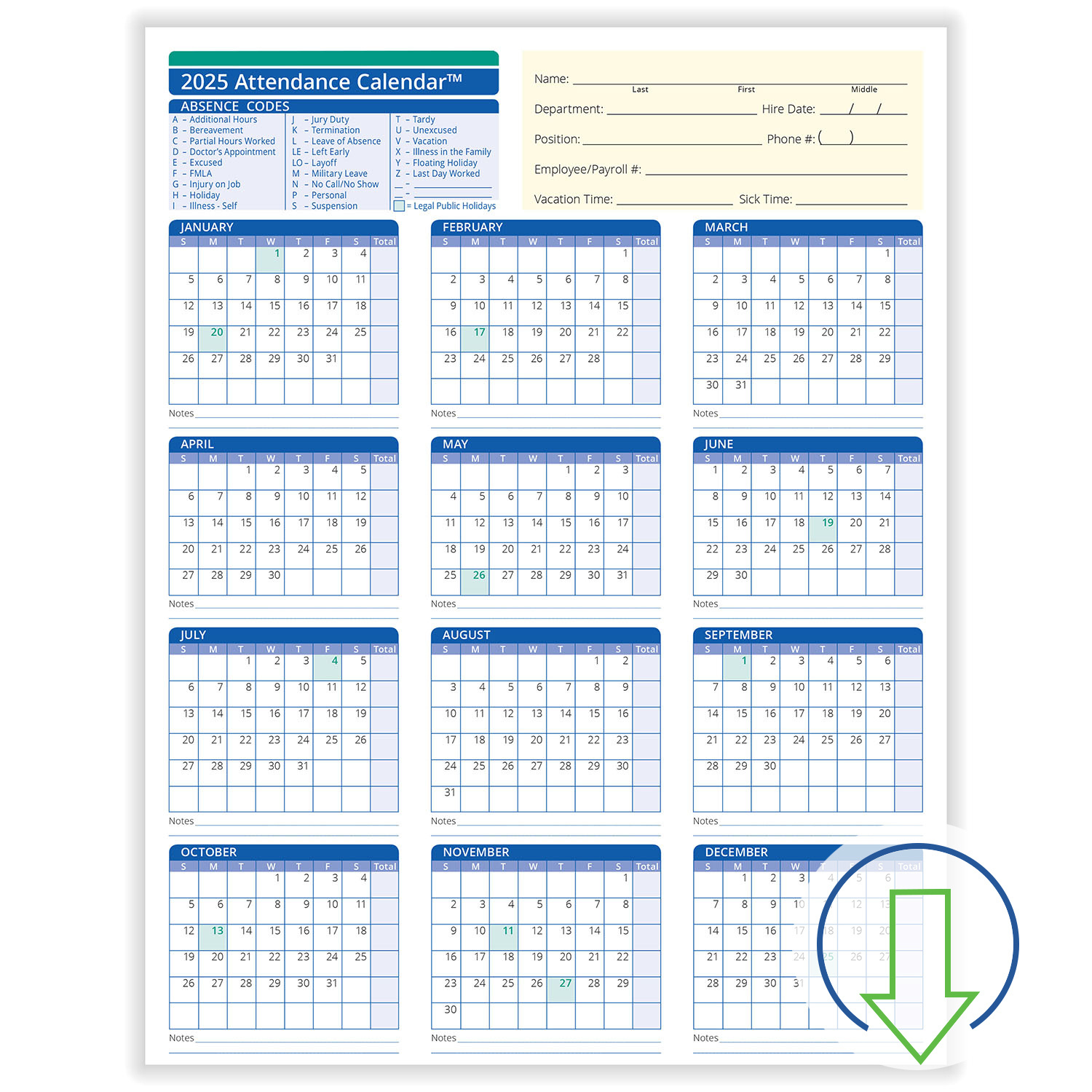 2024 Downloadable Employee Attendance Calendar | Hrdirect in 2025 Employee Attendance Calendar Printable Free Download