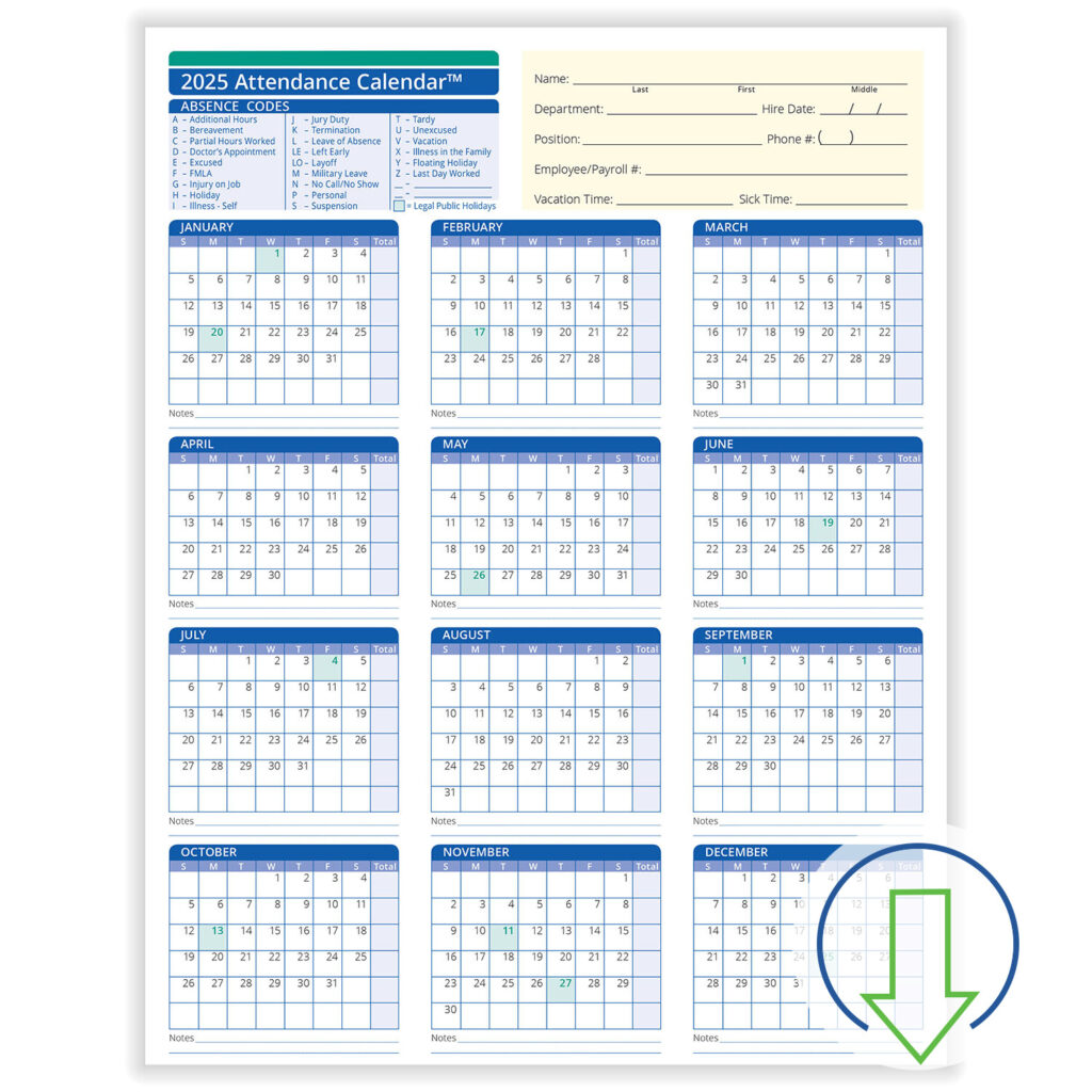 2024 Downloadable Employee Attendance Calendar | Hrdirect With 2025 Employee Attendance Calendar Printable Free